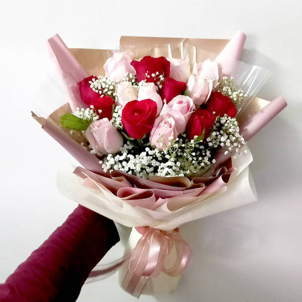 Hand Bouquet - Fresh Red and Pastel Roses